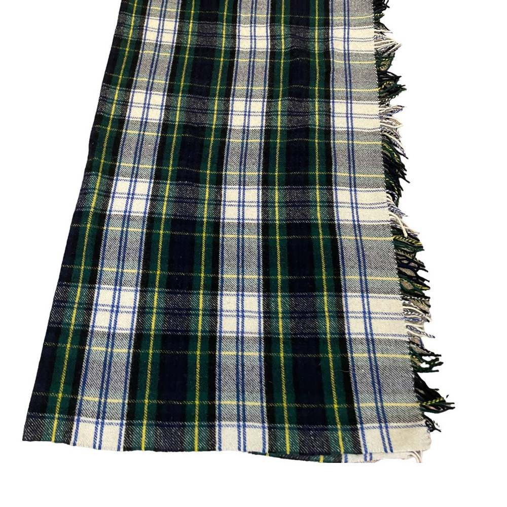 HIGHLAND HOME INDUSTRIES ALL WOOL GREEN, WHITE, BLUE, YELLOW PLAID SHAWL